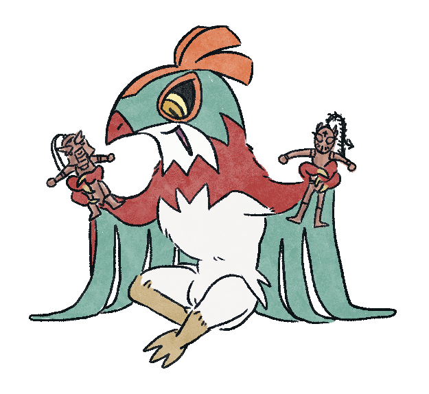 A drawing of a Hawlucha playing with clay dolls of wrestlers.